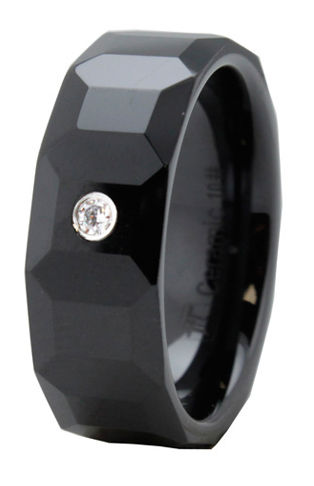 R40039-060 Black Multi-faceted Ceramic Ring With Cz - Size 6