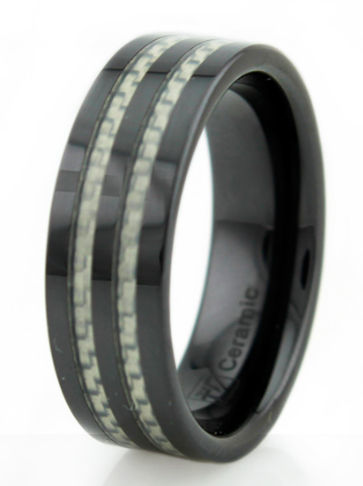 R40054-090 Black Ceramic Mens Ring With White Carbon Fiber Inlay - Size 9