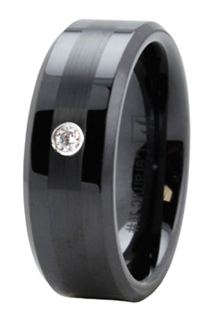 R40058-105 Black Ceramic Ring With Cz & Satin Finish - Size 10.5