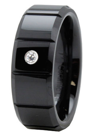 Beveled Black Ceramic Ring With Cz - Size 10.5