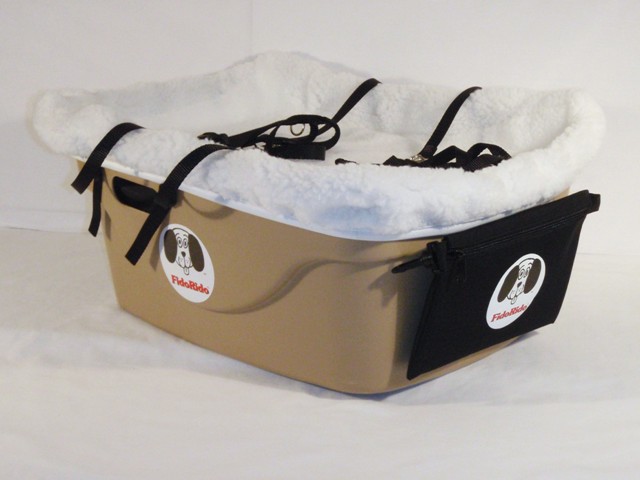 FidoRido tan two-seater with light-weight fleece in black with tan dog bones and a medium harness an dog kennel
