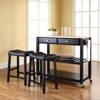 Crosley Furniture Kf300514bk Natural Wood Top Kitchen Cart-island In Black Finish With 24 In. Black Upholstered Saddle Stools