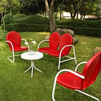 Crosley Furniture Griffith 4 Piece Metal Outdoor Conversation Seating Set - Loveseat And 2 Chairs In Red Finish With Side Table In White Finish
