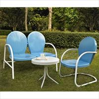 Crosley Furniture Griffith 3 Piece Metal Outdoor Conversation Seating Set - Loveseat And Chair In Sky Blue Finish With Side Table In White Finish