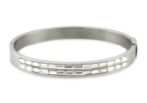 B30377 Stainless Steel Oval Bangle With Baguette Cz Cut