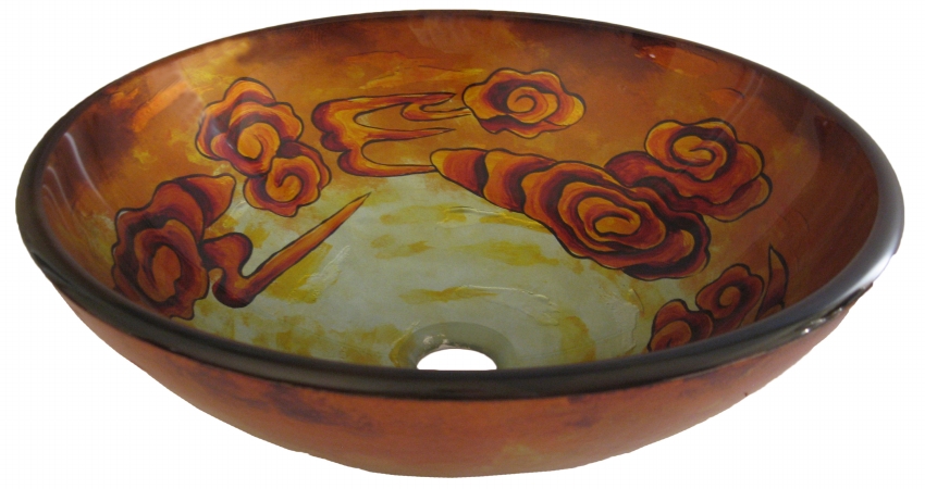 Nohp-g021 Modello Off White And Yellow With Burnt Orange Floral Pattern Hand Painted Glass Vessel Sink 16.5-inch Diameter