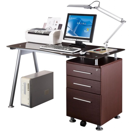 Rta-1565-ch36 Glass-top Desk With Built-in File Cabinet - Chocolate