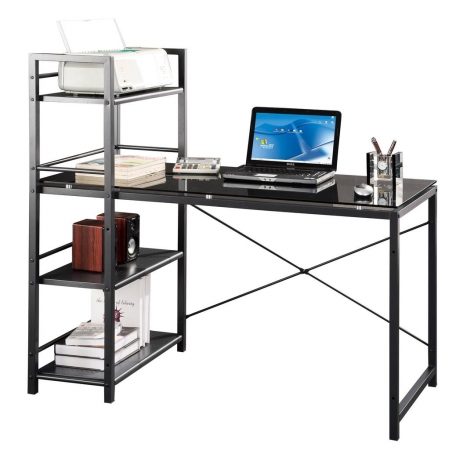 Rta-7337-gls Glass Desk With Built-in Shelves - Grey