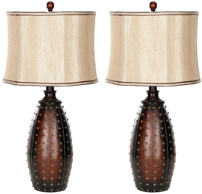 Lit4038a-set2 Leather Table Lamp -2 Tone Silk Shade With Coffee Trim - Beige Shade