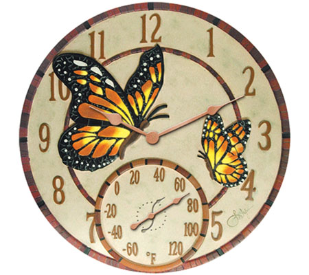 Springfield 91019 14 in. Poly Resin Mosaic Butterflies Clock with Thermometer