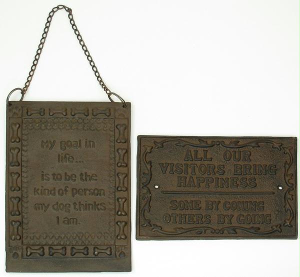 0170s-07546 Cast Iron Set Of Two Rust Plaques - Visitors & Lifes Goal