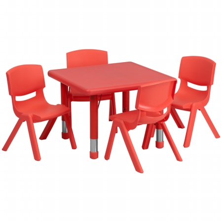 YU-YCX-0023-2-SQR-TBL-RED-E-GG 24 in. Square Adjustable Red Plastic Activity Table Set with 4 School Stack Chairs