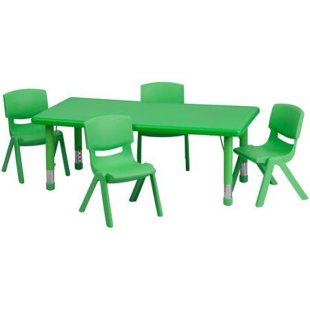 YU-YCX-0013-2-RECT-TBL-GREEN-R-GG 24 in. W x 48 in. L Adjustable Rectangular Green Plastic Activity Table Set with 4 School Stack Chairs