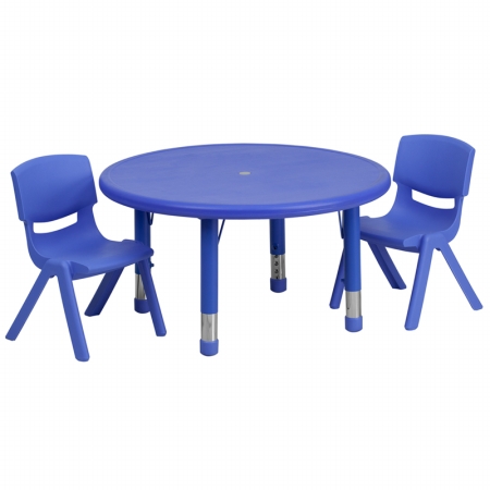 YU-YCX-0073-2-ROUND-TBL-BLUE-R-GG 33 in. Round Adjustable Blue Plastic Activity Table Set with 2 School Stack Chairs