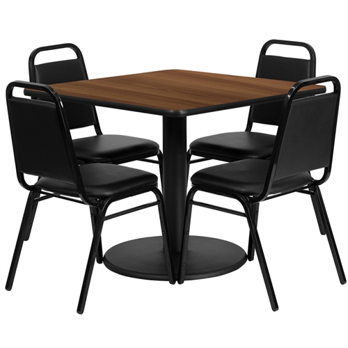 RSRB1012-GG 36 in. Square Walnut Laminate Table Set with 4 Black Trapezoidal Back Banquet Chairs