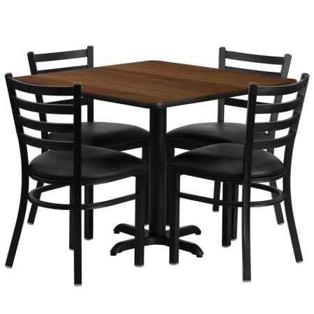 HDBF1016-GG 36 in. Square Walnut Laminate Table Set with 4 Ladder Back Metal Chairs - Black Vinyl Seat