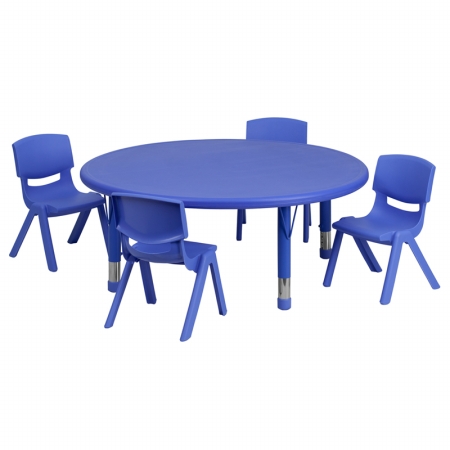 45 in. Round Adjustable Blue Plastic Activity Table Set with 4 School Stack Chairs