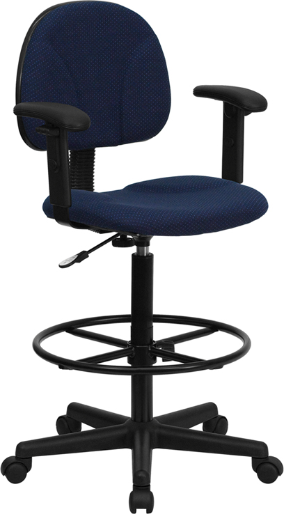 BT-659-NVY-ARMS-GG Navy Blue Patterned Fabric Multi-Functional Ergonomic Drafting Stool with Arms