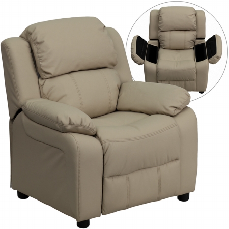 Bt-7985-kid-bge-gg Deluxe Heavily Padded Contemporary Beige Vinyl Kids Recliner With Storage Arms