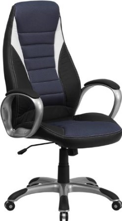 Ch-cx0243h-sat-gg High Back Black Vinyl Executive Office Chair With Blue Mesh Insets