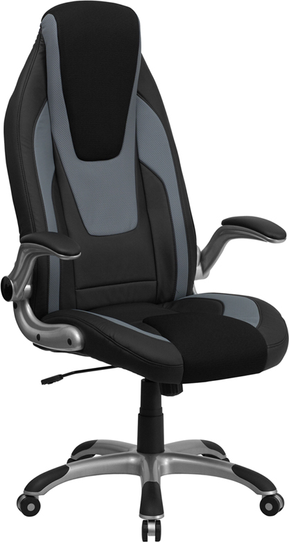 Ch-cx0326h02-gg High Back Black And Gray Vinyl Executive Office Chair With Black Mesh Insets And Flip Up Arms