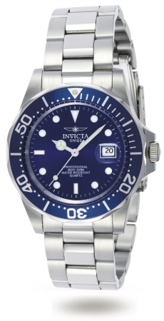 Invicta 9308 Mens Swiss Quartz Pro Diver In All Stainless Steel On Bracelet With A Blue Dial And Bezel Watch