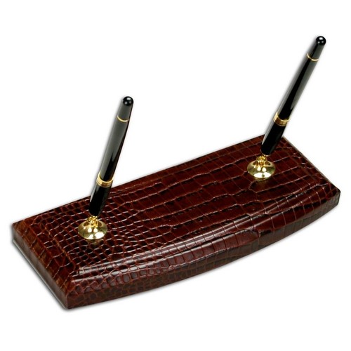 A2004 Brown Crocodile Embossed Leather Double Pen Stand