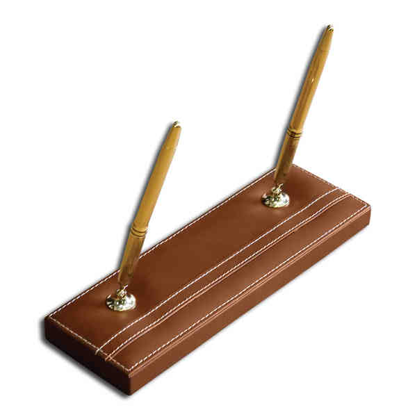 Rustic Brown Leather Double Pen Stand - Gold Trim