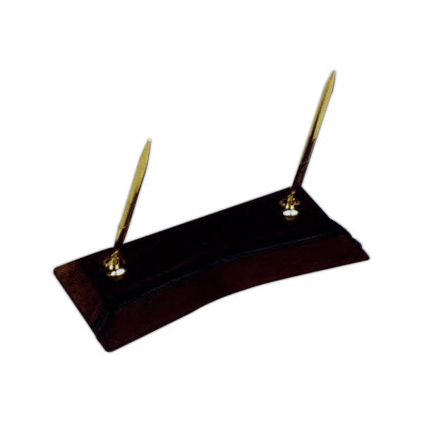 Burgundy Leather Double Pen Stand - Gold Trim