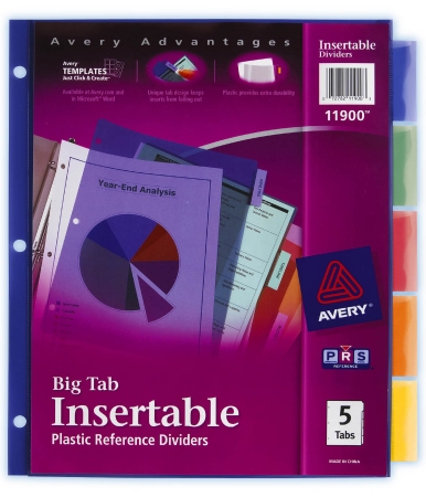 11900 5 Count Assorted Colors Big Tab Insertable Plastic Reference Divider
