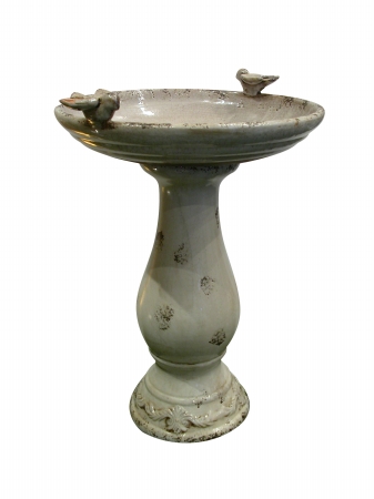 . Tlr102lbr Antique Ceramic Bird Bath With 2 Birds- Light Brown