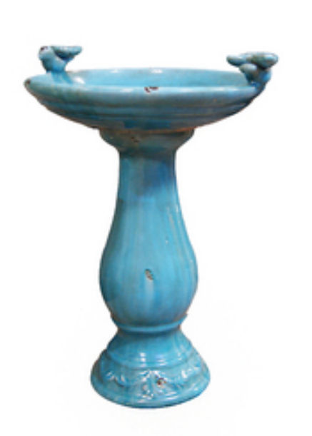 . Tlr102tur Antique Ceramic Bird Bath With 2 Birds -turquoise