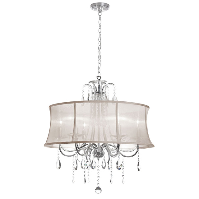 615-270c-pc-117 6 Light Crystal Chandelier With Oyster Organza Bell Shade