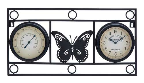 Woodland Import 35430 Clock Thermometer with Bold Metal Butterfly Motif
