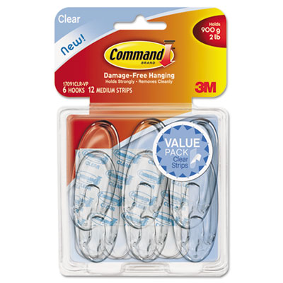 17091clrvp Clear Hooks & Strips Plastic Medium 6 Hooks With 12 Adhesive Strips Per Pack