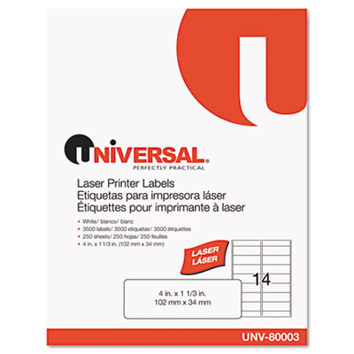 Universal UNV80003 Laser Printer Permanent Labels, 1.33 x 4, White, 3500-Box