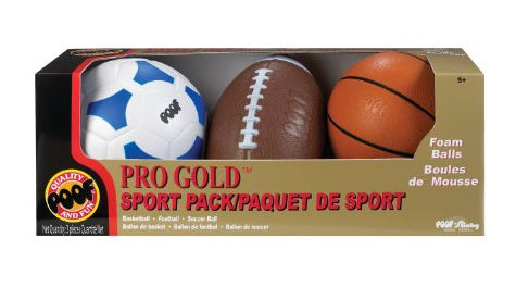 463bl Poof Pro Gold Foam 9.5-inch Football 7-inch Basketball And 7.5-inch Soccer Ball 3-ball Sport Pack In Box Various Colors