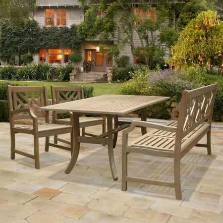 Renaissance Rectangular Table - Bench- Armchair Outdoor Hand-scraped Hardwood Dining Set