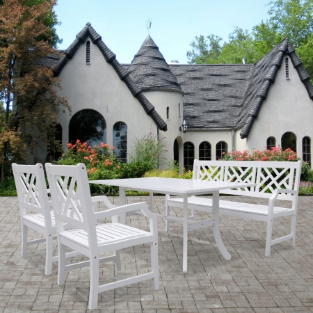 4-piece Wood Patio Dining Set With 5-foot Bench In White - V1337set1