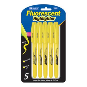 358790 Bazic Yellow Pen Style Fluorescent Highlighter W/ Pocket Clip (5/pk) Case Of 24