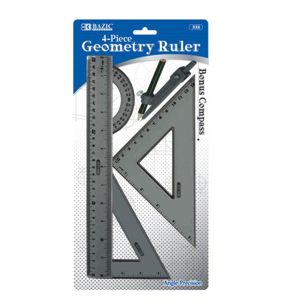 333934 Bazic 4-piece Geometry Ruler Combination Sets W/ Compass Case Of 24
