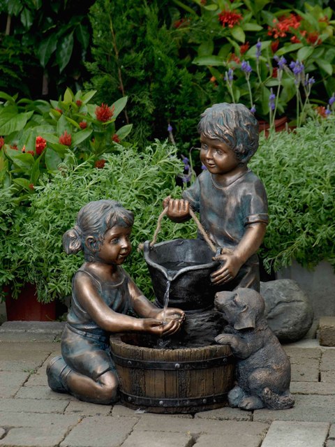 Fcl066 Two Kids And Dog Outdoor-indoor Water Fountain