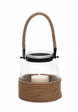 23824 Contemporary Designed Glass And Rope Metal Lantern With Rope Handle