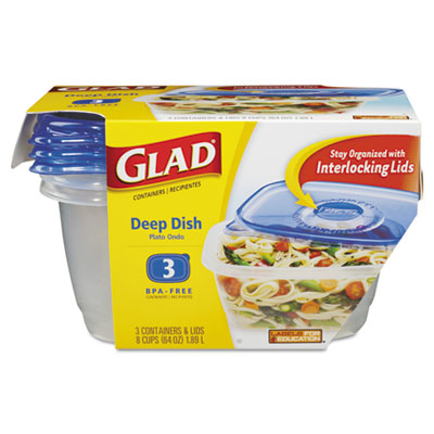 Clorox 70045pk Gladware Plastic Deep Dish Containers With Lids, 64oz, Clear-blue, 3-pack