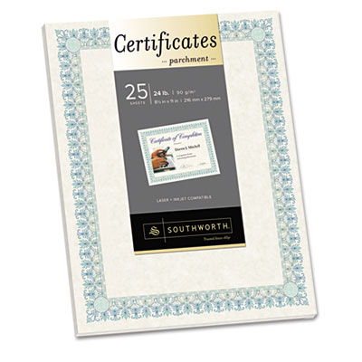 Southworth Ct3r Parchment Certificates, Ivory With Green & Blue Border, 24 Lbs., 8.5 X 11, 25-pk