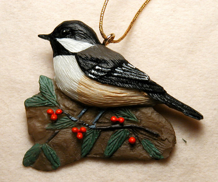 Chickadee With Holly Ornament