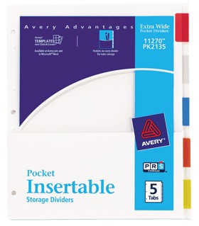 11270 Worksaver Pocket Insertable Pocket Divider 5 Tab 9x11 White With Multi Tabs