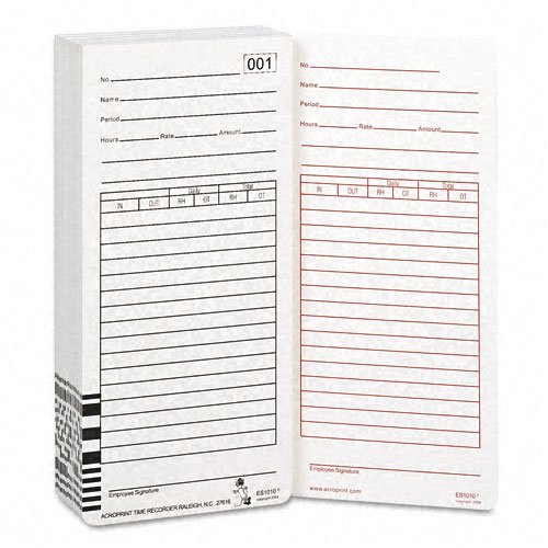 099111000 Time Card For Es1000 Electronic Totalizing Payroll Recorder, 100 Per Pack