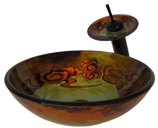 Modello Hand Painted Glass Vessel Sink With Oil Rubbed Bronze Faucet, Drain And Mounting Ring