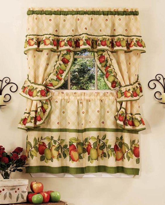 Achim Aocs24an06 Apple Orchard Cottage Set - 57 In. X 24 In. Tier Pair-57 In. X 36 In. Ruffled Topper With Attached Valance And Tiebacks.